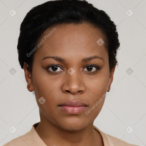 Neutral black young-adult female with short  black hair and brown eyes