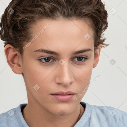 Neutral white young-adult female with short  brown hair and brown eyes