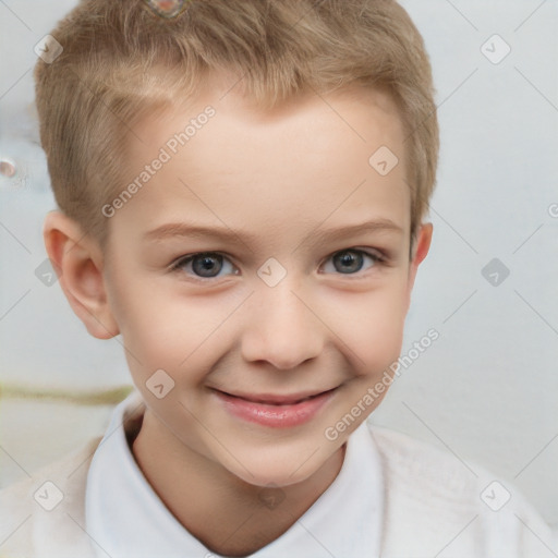 Joyful white child male with short  brown hair and brown eyes