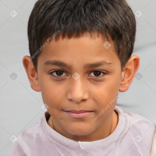 Joyful white child male with short  brown hair and brown eyes