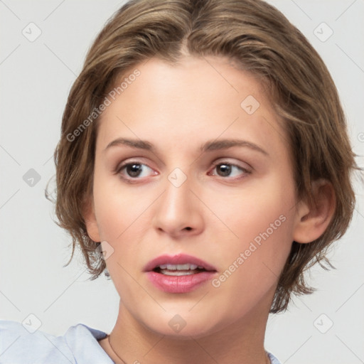 Neutral white young-adult female with medium  brown hair and brown eyes