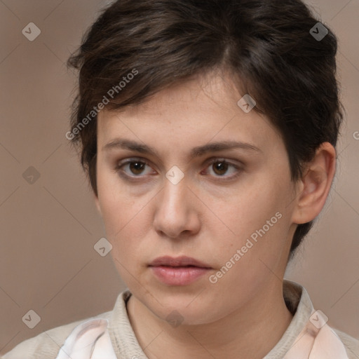 Neutral white young-adult female with short  brown hair and brown eyes