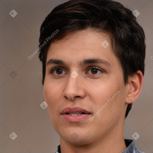 Joyful white young-adult male with short  brown hair and brown eyes