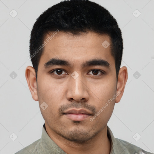 Neutral asian young-adult male with short  black hair and brown eyes