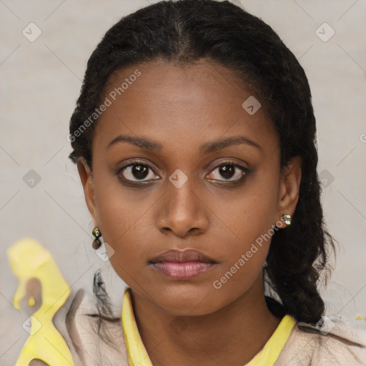 Neutral black young-adult female with medium  brown hair and brown eyes