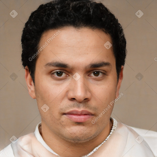 Neutral latino young-adult male with short  black hair and brown eyes