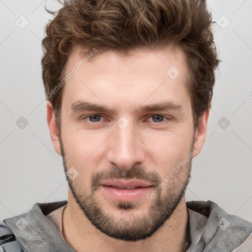 Neutral white young-adult male with short  brown hair and grey eyes