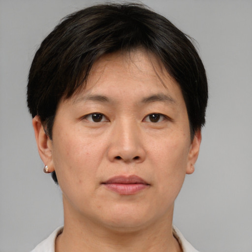 Neutral asian adult male with short  brown hair and brown eyes