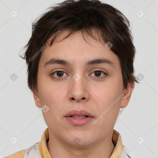 Neutral white young-adult male with short  brown hair and brown eyes