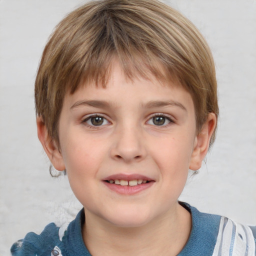 Joyful white child female with medium  brown hair and grey eyes