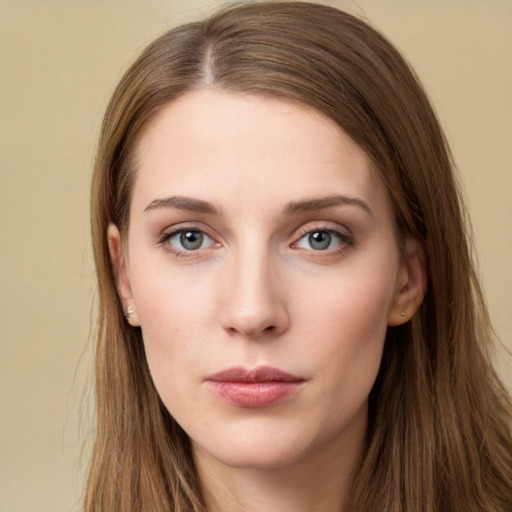 Neutral white young-adult female with long  brown hair and grey eyes