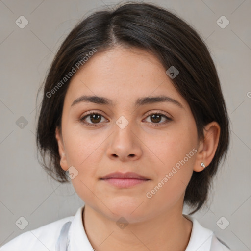 Neutral white young-adult female with medium  brown hair and brown eyes