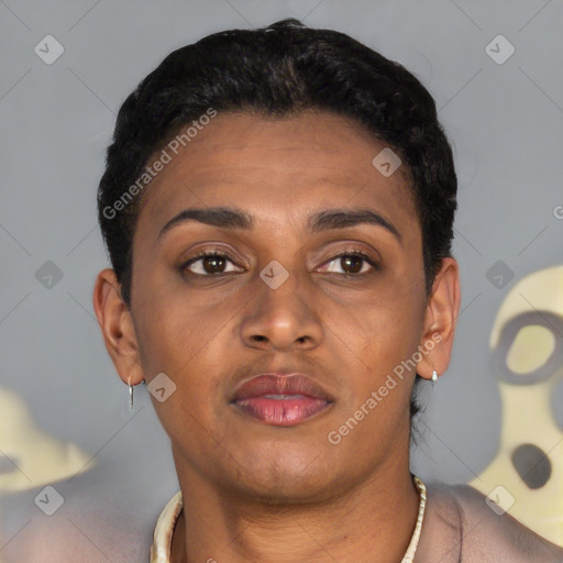 Neutral black young-adult female with short  black hair and brown eyes