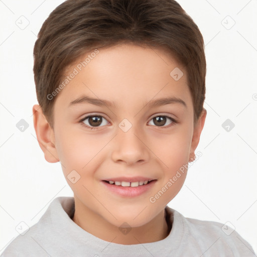 Joyful white child female with short  brown hair and brown eyes