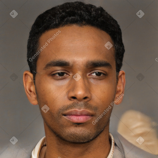 Neutral latino young-adult male with short  black hair and brown eyes