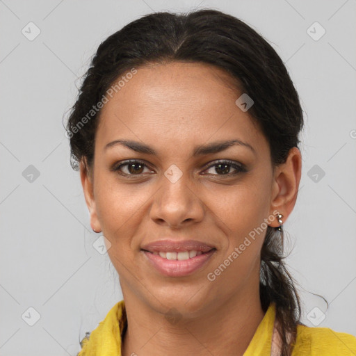Joyful latino young-adult female with long  brown hair and brown eyes