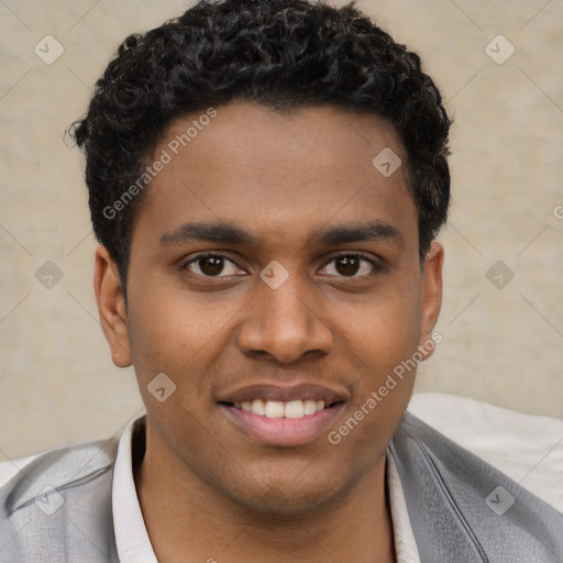 Joyful latino young-adult male with short  brown hair and brown eyes