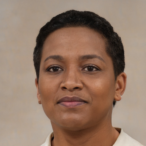 Joyful black young-adult female with short  black hair and brown eyes
