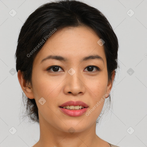 Joyful asian young-adult female with medium  brown hair and brown eyes