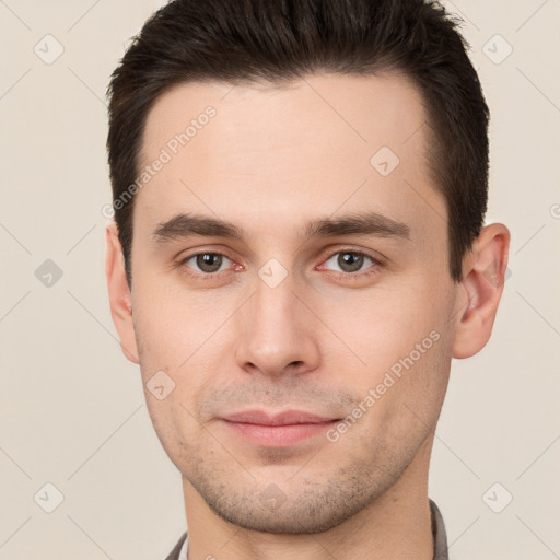 Neutral white young-adult male with short  brown hair and brown eyes