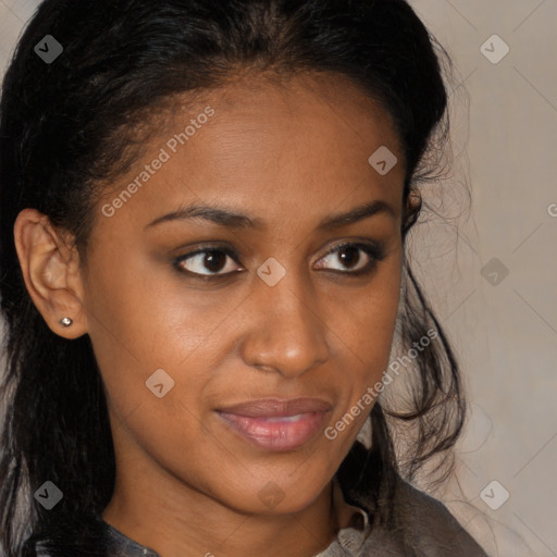 Joyful black young-adult female with medium  brown hair and brown eyes