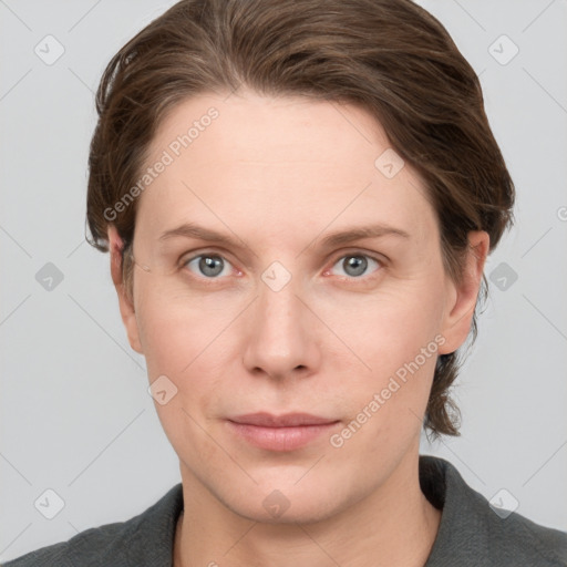 Neutral white young-adult female with medium  brown hair and grey eyes