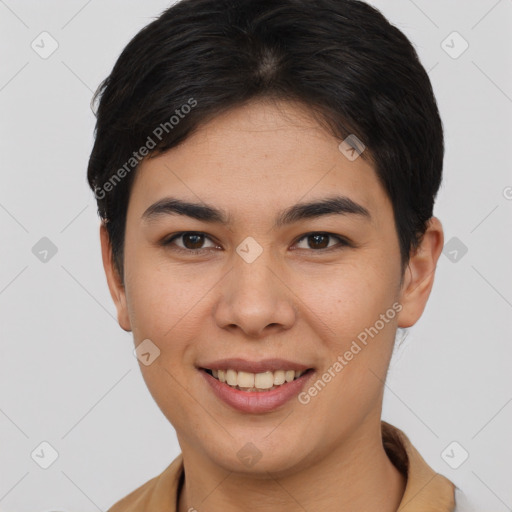 Joyful asian young-adult female with short  brown hair and brown eyes