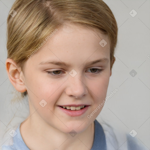 Joyful white child female with medium  brown hair and brown eyes