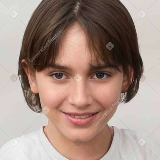 Joyful white child female with medium  brown hair and brown eyes