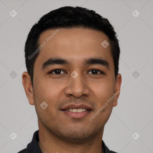 Neutral latino young-adult male with short  black hair and brown eyes