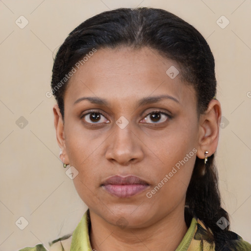 Neutral latino young-adult female with medium  brown hair and brown eyes