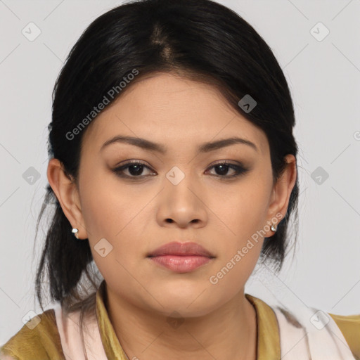 Neutral asian young-adult female with medium  brown hair and brown eyes