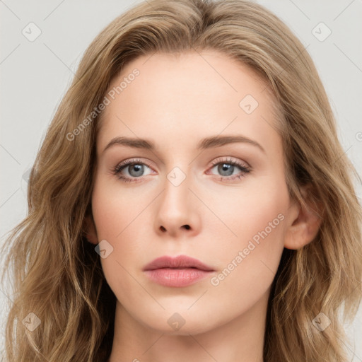 Neutral white young-adult female with long  brown hair and brown eyes