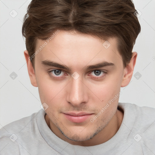 Neutral white young-adult male with short  brown hair and brown eyes