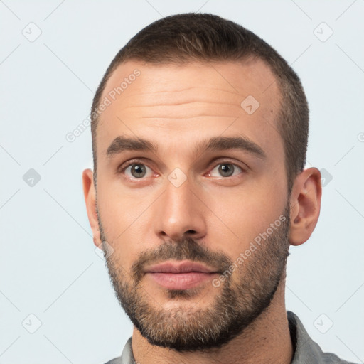 Neutral white young-adult male with short  brown hair and brown eyes