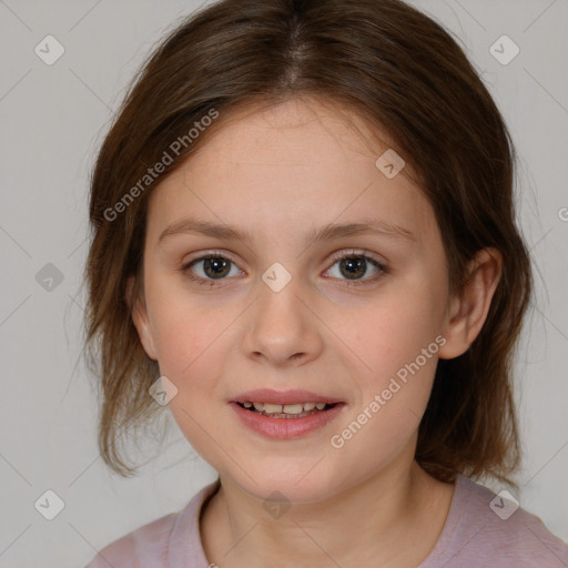 Joyful white child female with medium  brown hair and brown eyes