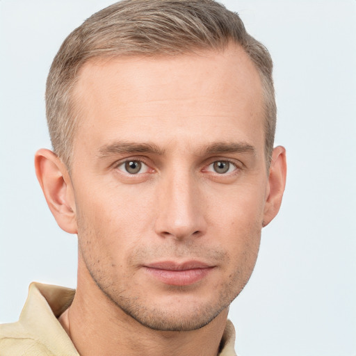 Neutral white young-adult male with short  brown hair and grey eyes