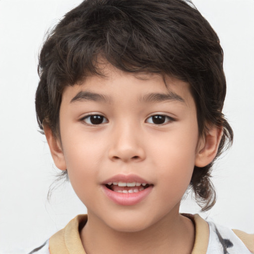 Joyful white child male with medium  brown hair and brown eyes