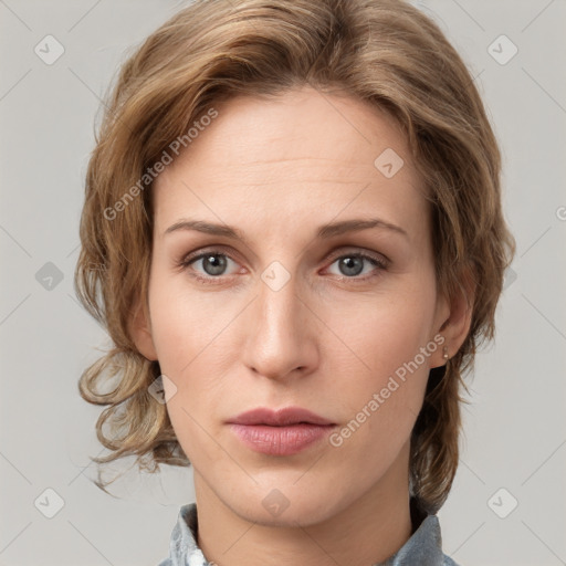 Neutral white young-adult female with medium  brown hair and grey eyes