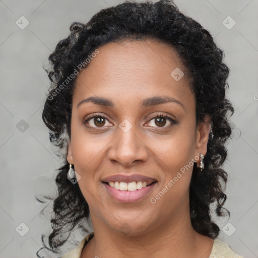 Joyful black young-adult female with medium  brown hair and brown eyes