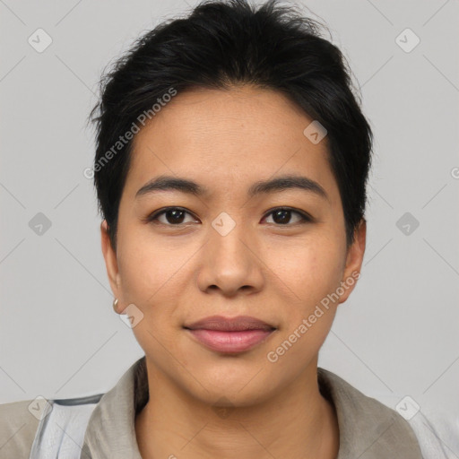 Joyful asian young-adult female with short  black hair and brown eyes