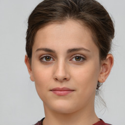 Neutral white young-adult female with short  brown hair and brown eyes