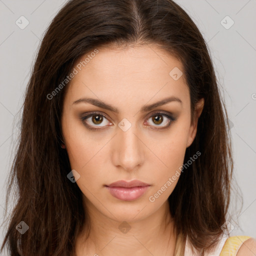 Neutral white young-adult female with long  brown hair and brown eyes