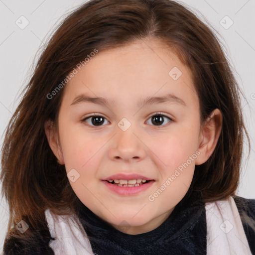 Joyful white child female with medium  brown hair and brown eyes