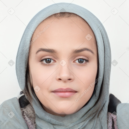 Neutral white young-adult female with medium  brown hair and brown eyes