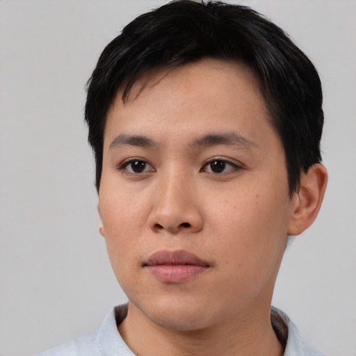 Neutral asian young-adult male with short  black hair and brown eyes