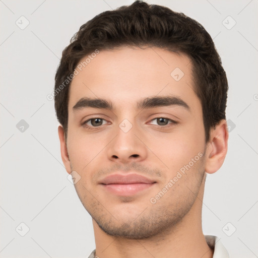 Neutral white young-adult male with short  brown hair and brown eyes