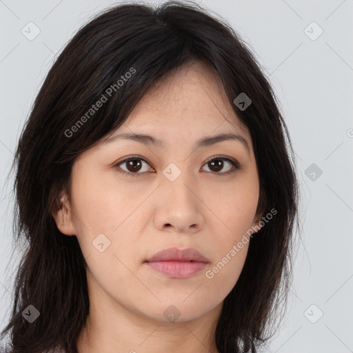 Neutral asian young-adult female with long  brown hair and brown eyes