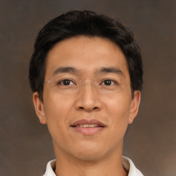 Neutral asian adult male with short  black hair and brown eyes