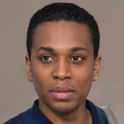 Neutral black young-adult male with short  black hair and brown eyes